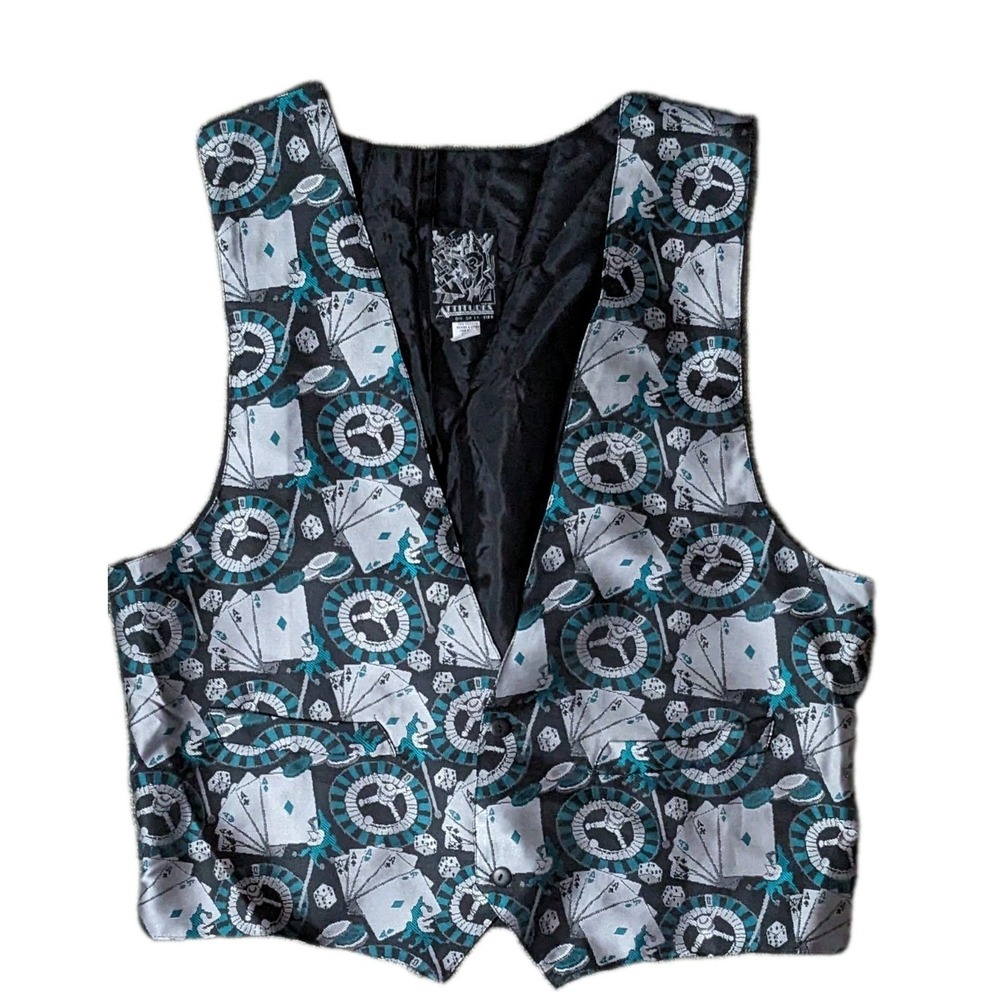 Vintage Men's XL ATTITUDES Black Vest Gambling Casino Cards Dice Roulette